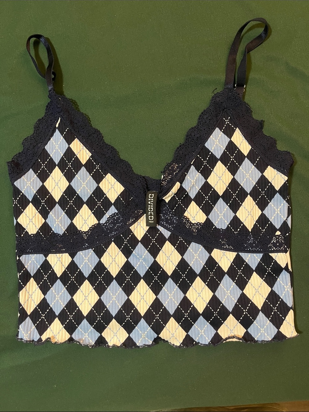 H&M Argyle Lace-Trim Camisole in Black, Light Blue, Cream